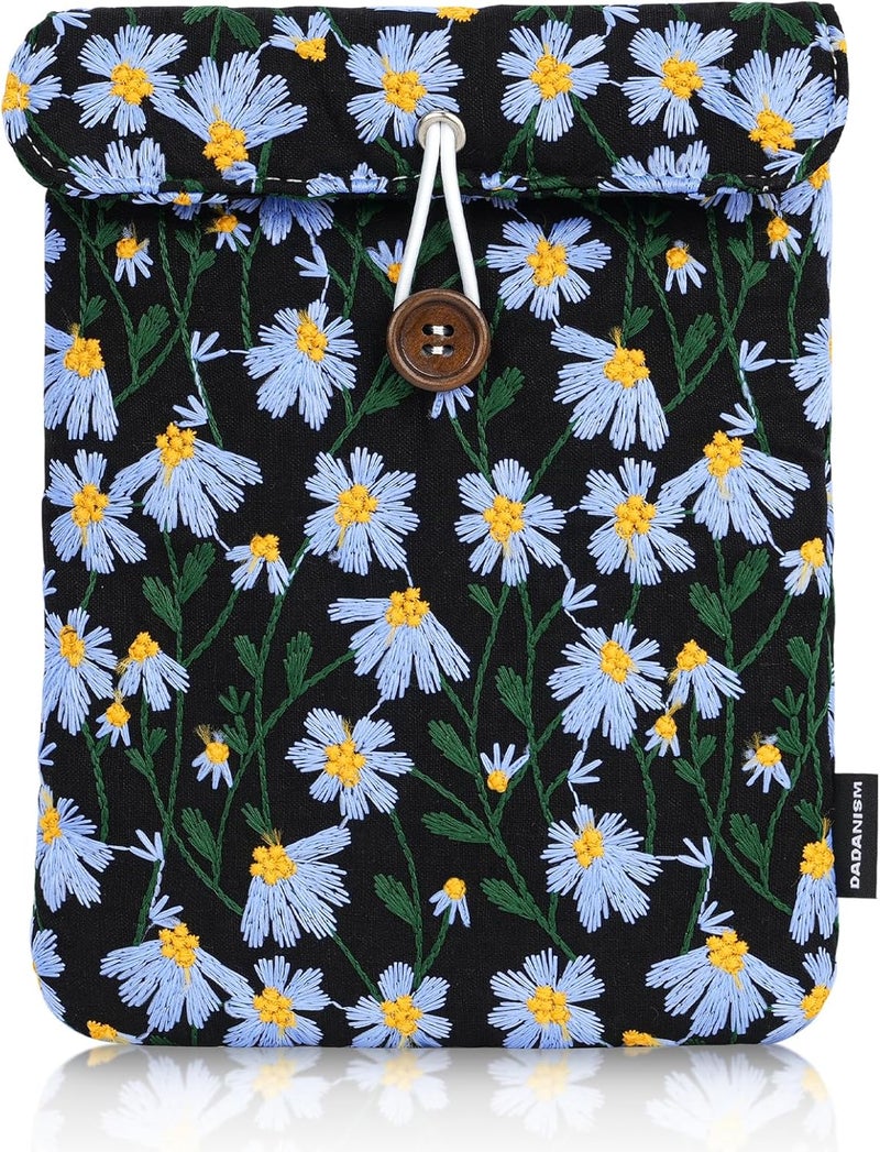 Dadanism 6-7 Inch Embroidered Daisy Floral Padded Sleeve for 7" All-New Kindle Paperwhite/Colorsoft Signature Edition, Protective Sleeve Carrying Case for 6" Kindle E-Reader/Oasis/Kobo E-Reader, Black - Image 1